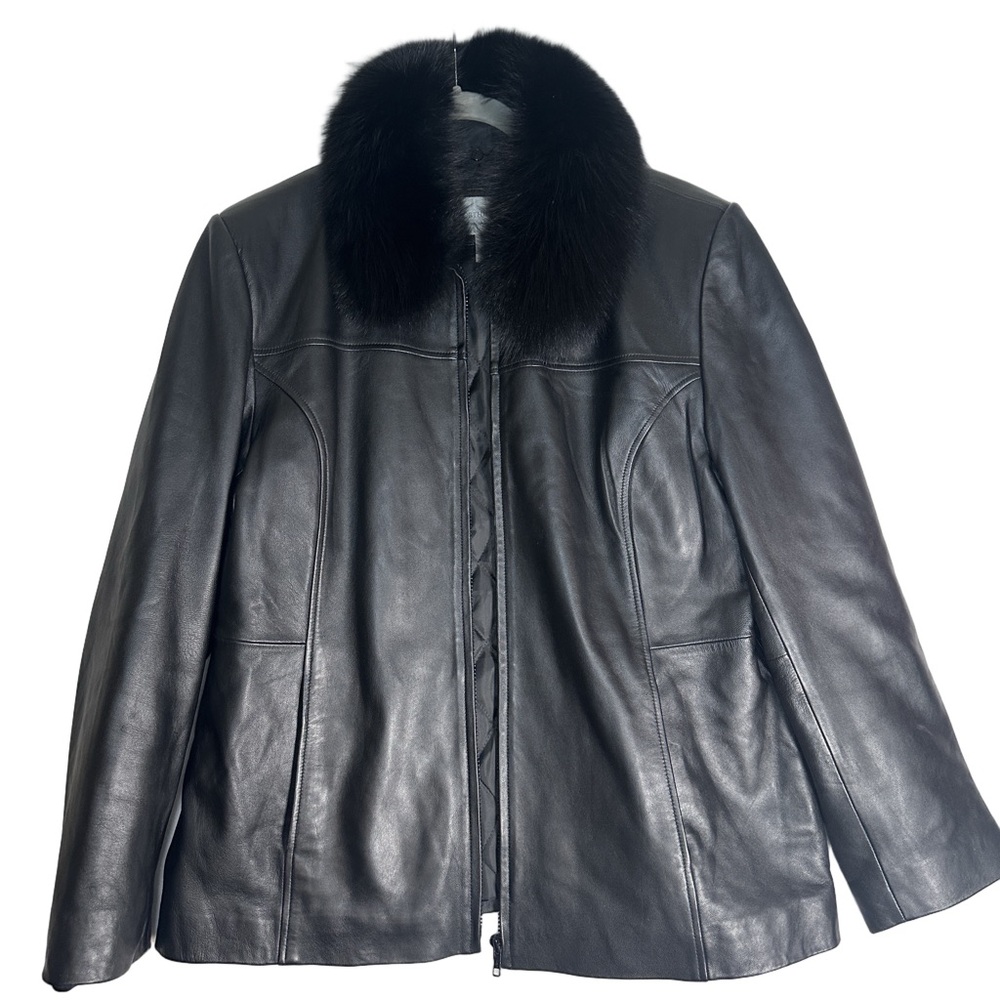 Worthington lambskin black leather jacket fox fur collar zip up winter coat‎